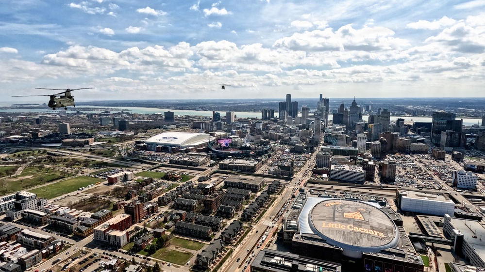 Michigan Army National Guard CH-47 Chinooks Conduct Flyover for Detroit Tigers Opening Day at Comerica Park