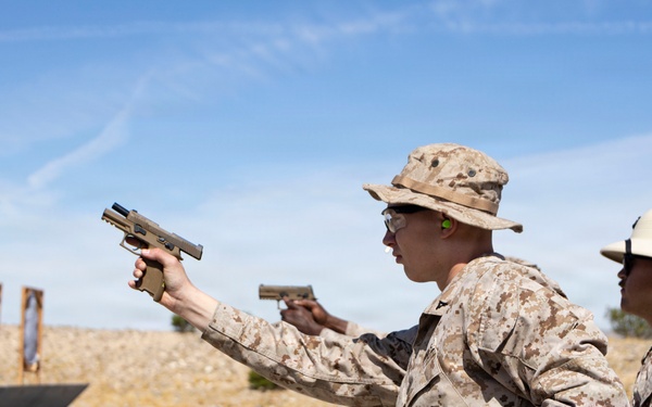 U.S. Marines at MCLB Barstow participate in pistol qualification