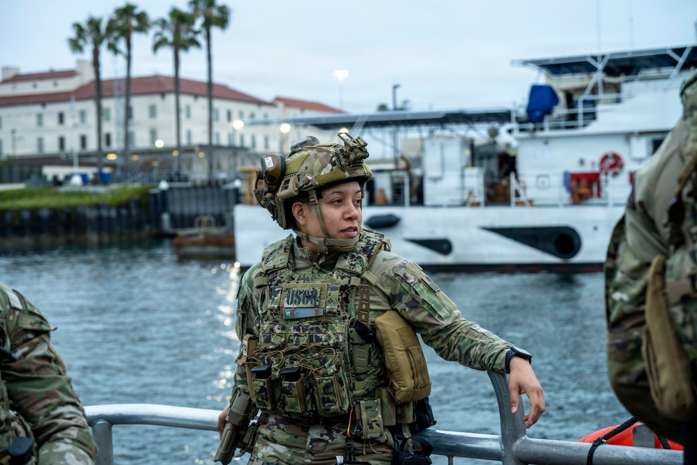 Coast Guard members conduct large vessel security boarding
