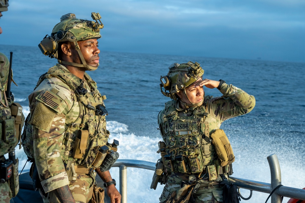 Coast Guard members conduct large vessel security boarding