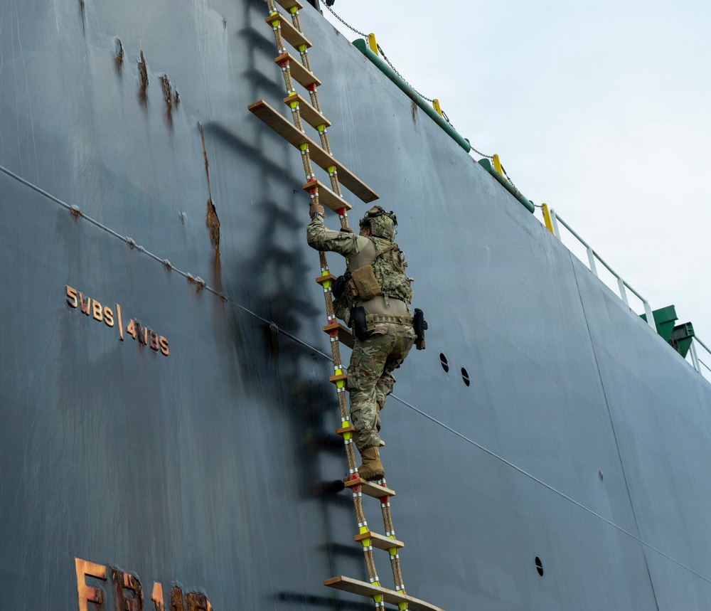 Coast Guard members conduct large vessel security boarding