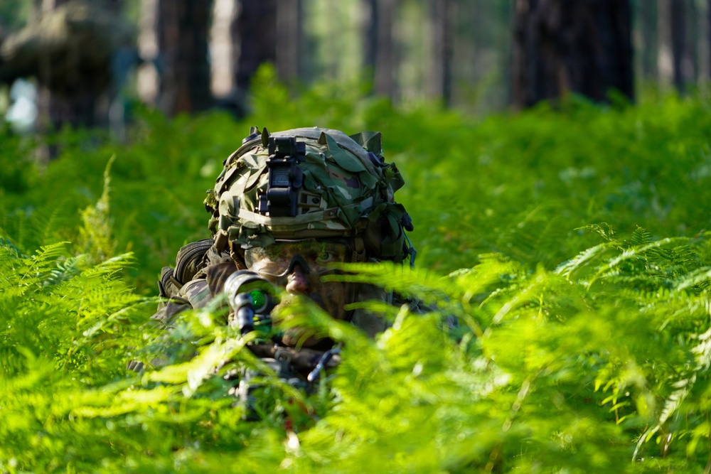 "Screaming Eagle" Soldier observes security with M249 SAW at JRTC