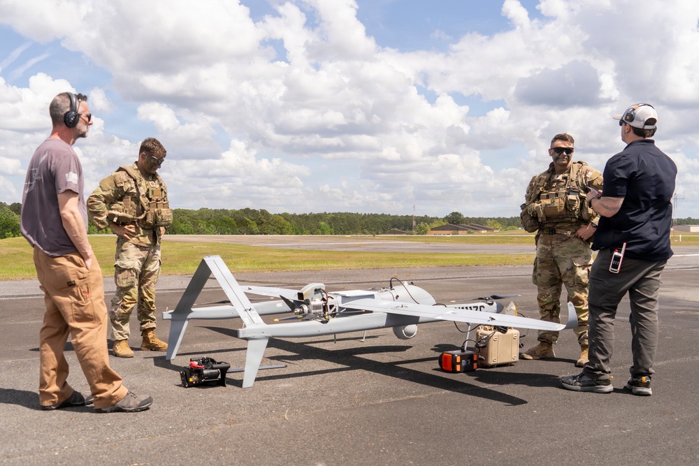 Civilian contractor prepares Aerosonde UAS for reconnaissance during JRTC rotation at Fort Polk