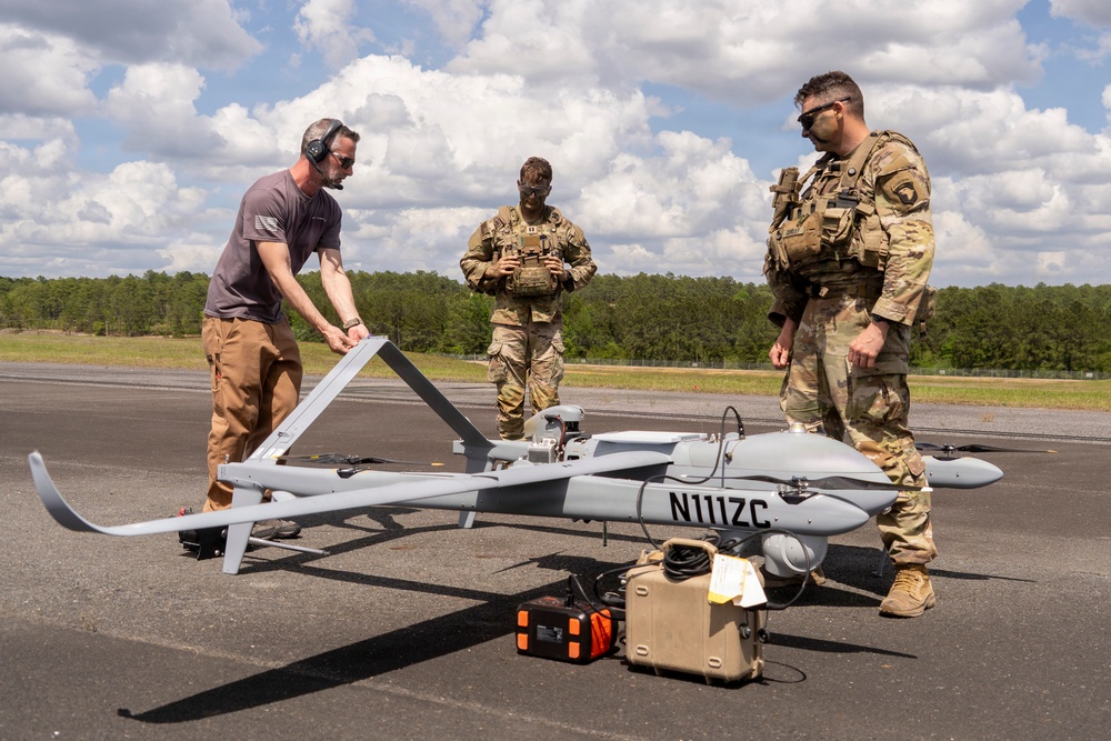 Civilian contractor prepares Aerosonde UAS for reconnaissance during JRTC rotation at Fort Polk