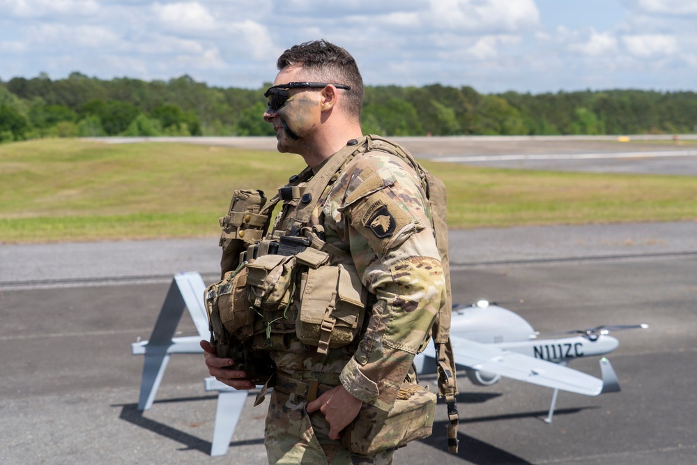 101st Airborne Division officer prepares Aerosonde UAS for reconnaissance during JRTC rotation at Fort Polk
