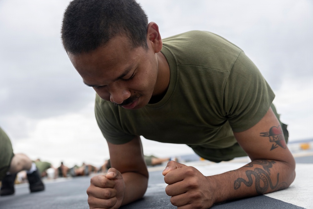 11th MEU Marines Conduct Flight Deck Physical Training Aboard USS Boxer