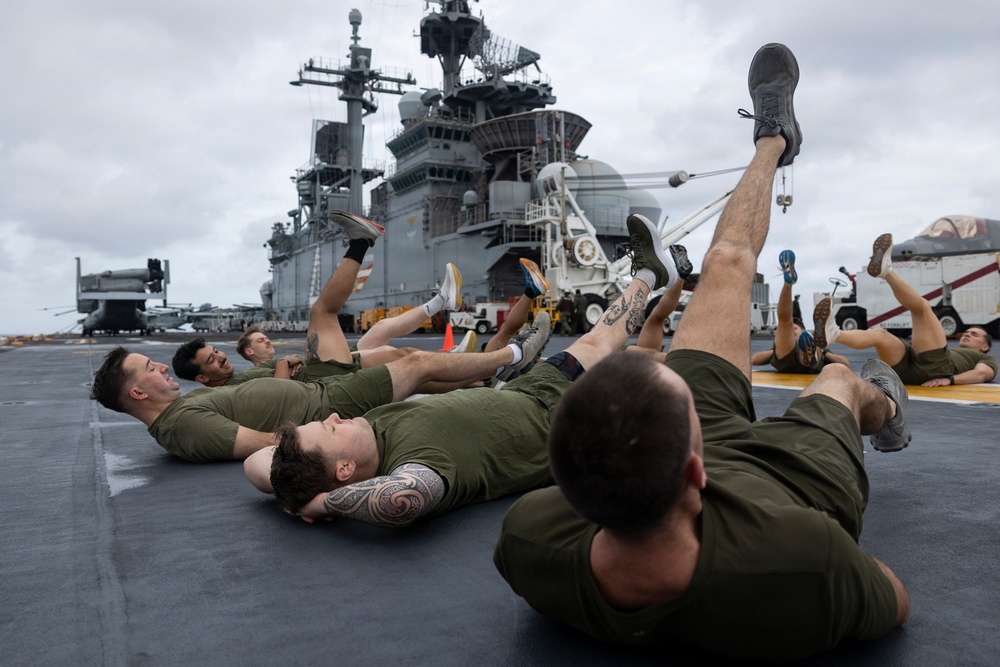 11th MEU Marines Conduct Flight Deck Physical Training Aboard USS Boxer