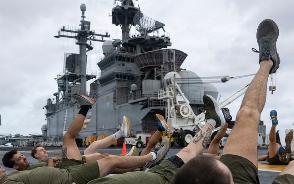 11th MEU Marines Conduct Flight Deck Physical Training Aboard USS Boxer