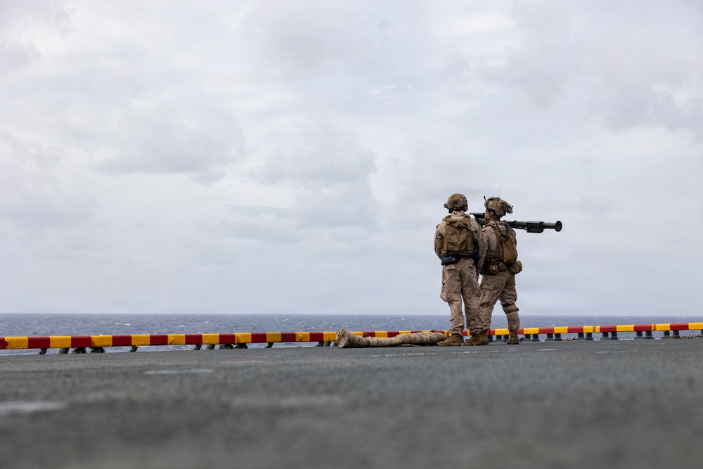 11th MEU Marines Conduct a Defense of the Amphibious Task Force Drill Aboard USS Boxer