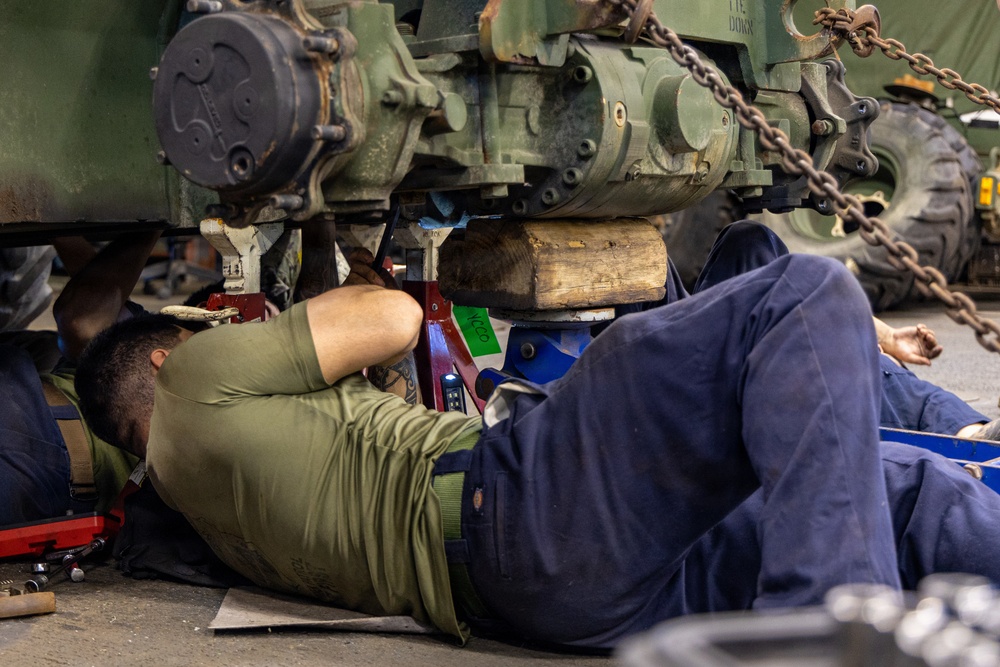 22nd MEU (SOC) | CLB 26 Marines Conduct Maintenance on an Extended Boom Forklift