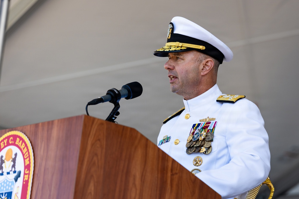The Commandant, Gen. Eric M. Smith attends the commissioning of the USS Harvey C. Barnum Jr.