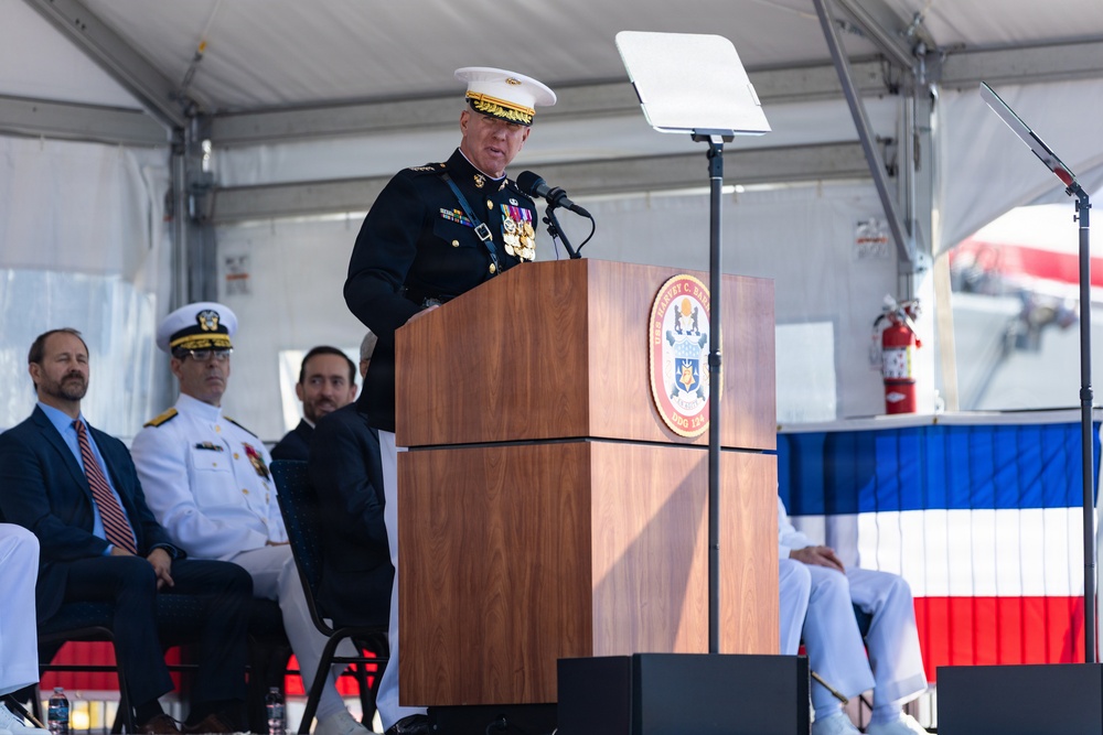 The Commandant, Gen. Eric M. Smith attends the commissioning of the USS Harvey C. Barnum Jr.