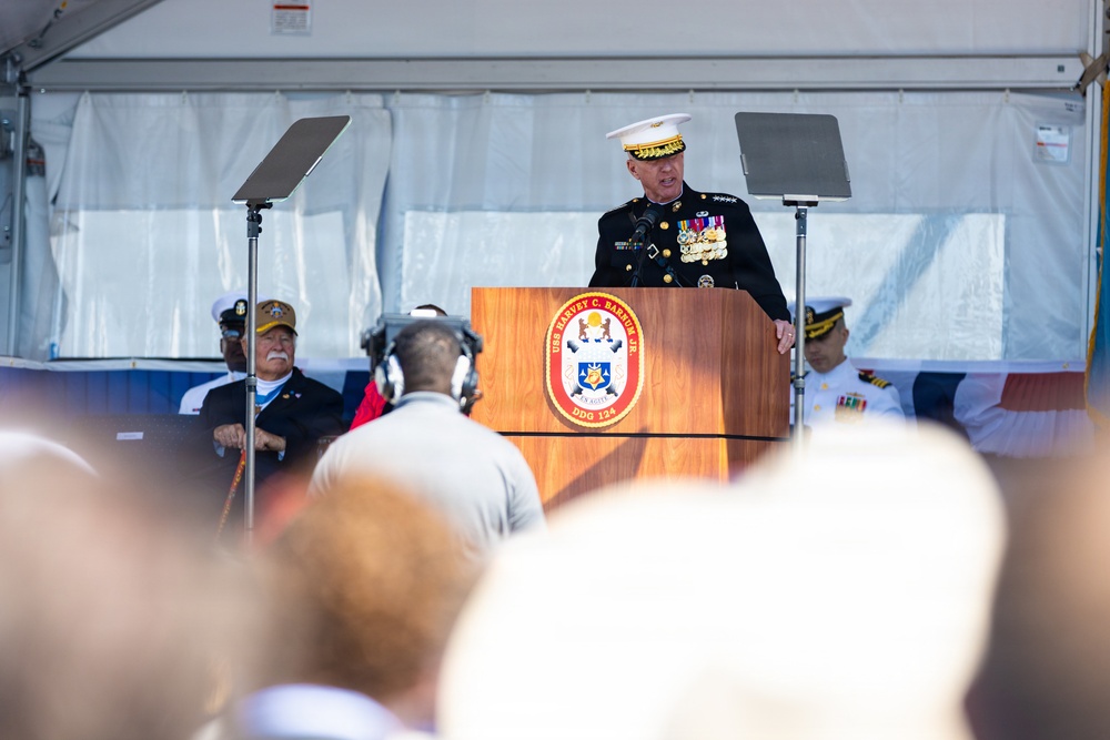 The Commandant, Gen. Eric M. Smith attends the commissioning of the USS Harvey C. Barnum Jr.