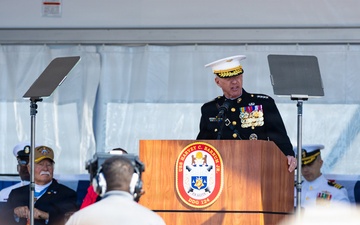 The Commandant, Gen. Eric M. Smith attends the commissioning of the USS Harvey C. Barnum Jr.