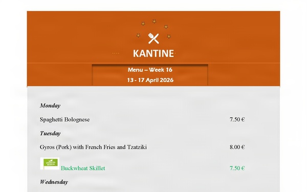 Kantine Menu - 13-17 April
