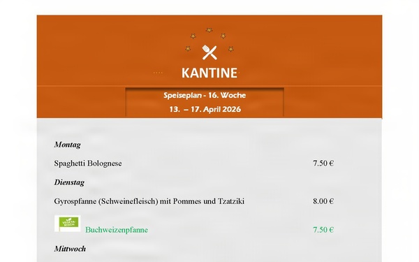 Kantine Menu - 13-17 April
