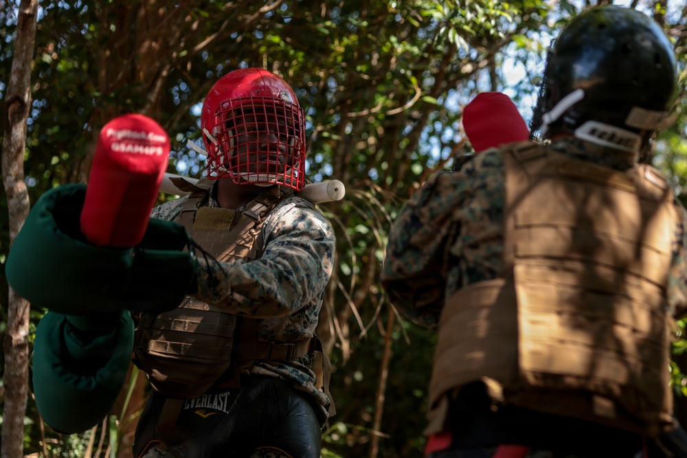 U.S. Marines conduct 12-kilometer hike and Marine Corps Martial Arts Program training during Communication Strategy and Operations Field Training Exercise