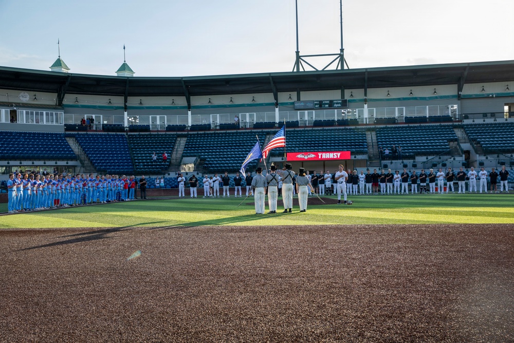 The USS Constitution's Color Guard parades the colors at Legends Stadium