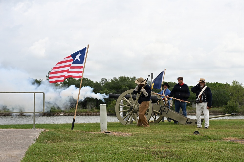 Ceremonial cannon salute is rendered as U.S. Navy ships transit the Houston Ship Channel during the Parade of Ships VIP breakfast
