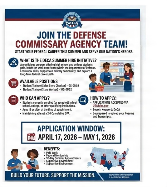 SUMMER 2026 INTERNS: The Defense Commissary Agency is recruiting students as part of its summer hire initiative