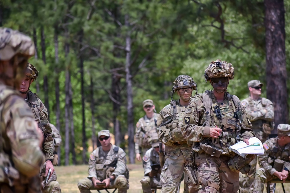 Leaders from the 3rd Mobile Brigade, 101st Airborne Division (Air Assault), coordinate and refine plans during a Combined Arms Rehearsal.