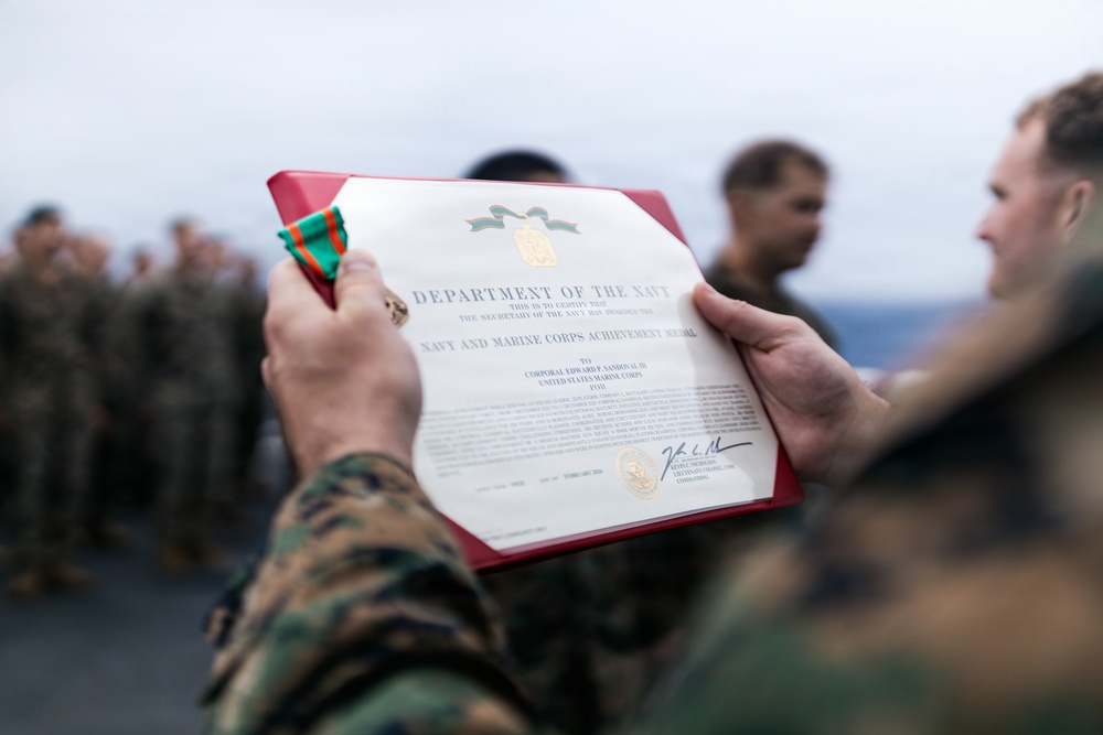 11th MEU Marines Receive Navy and Marine Corps Achievement Medals Aboard USS Portland
