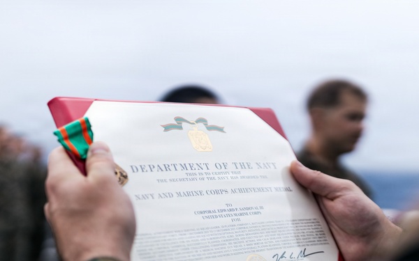 11th MEU Marines Receive Navy and Marine Corps Achievement Medals Aboard USS Portland
