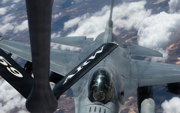 F-16s receive fuel from KC-135 in the U.S. Central Command AOR