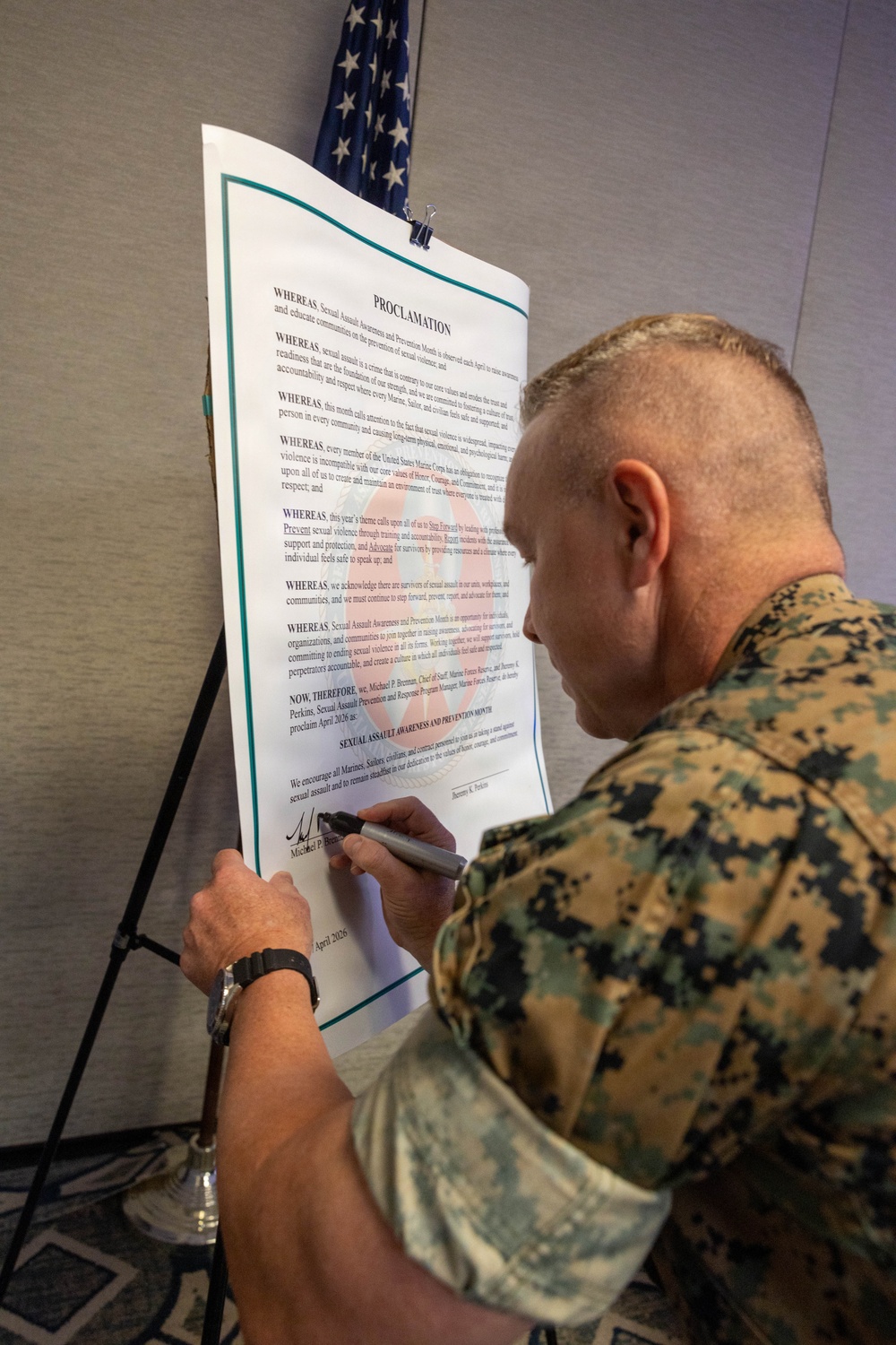 MFR Chief of Staff Col Brennan Signs the Annual Sexual Assault Awareness and Prevention Month Proclamation