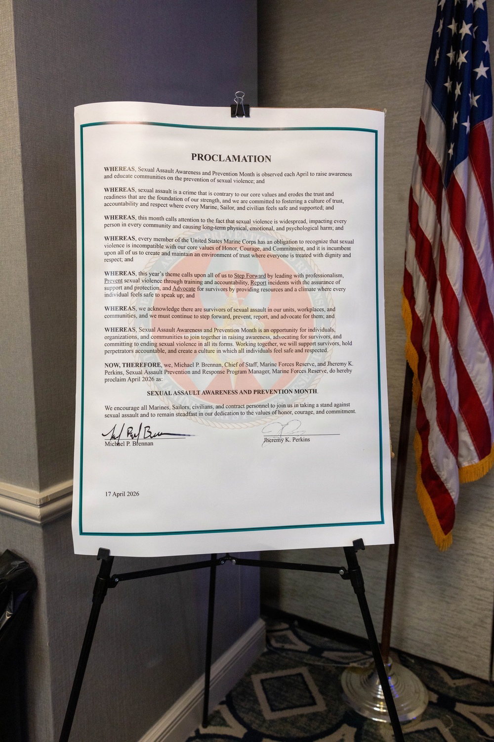 MFR Chief of Staff Col Brennan Signs the Annual Sexual Assault Awareness and Prevention Month Proclamation