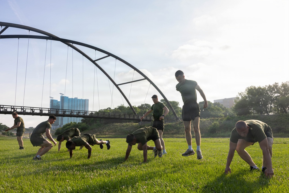 U.S. Marines with 2nd MAW conduct a physical training event in Houston