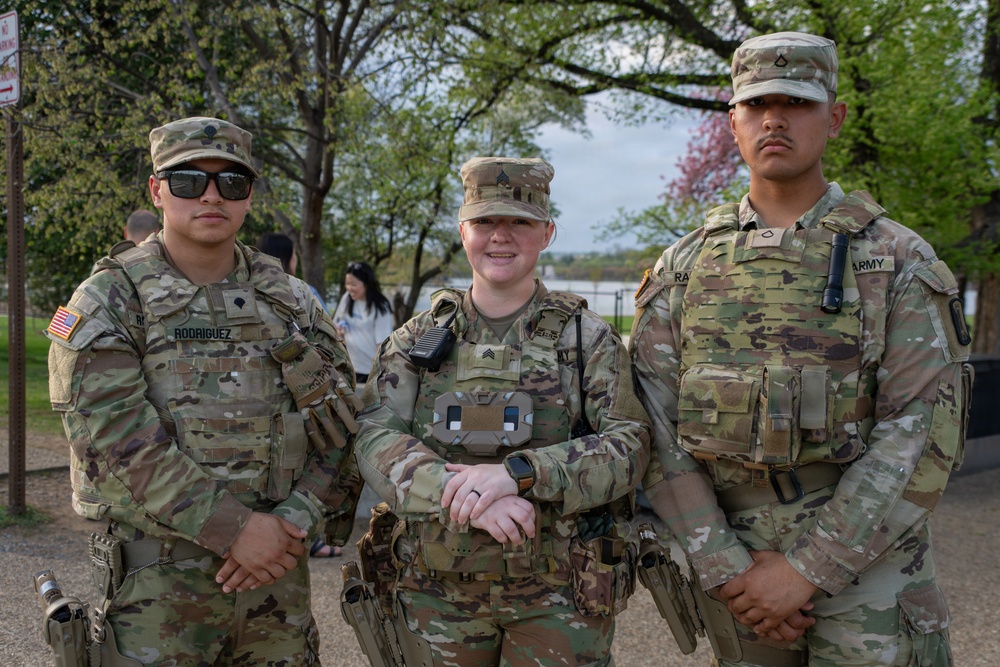 Joint Task Force Magnolia Soldiers patrol at the Jefferson Memorial