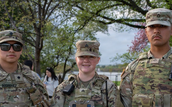 Joint Task Force Magnolia Soldiers patrol at the Jefferson Memorial