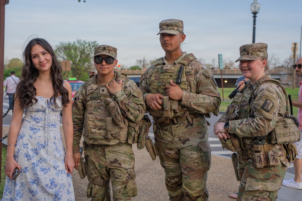 Joint Task Force Magnolia Soldiers patrol at the Jefferson Memorial