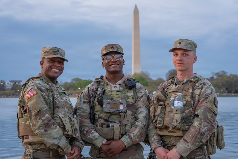 Joint Task Force Magnolia Soldiers patrol at the Jefferson Memorial