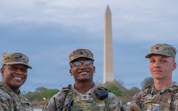 Joint Task Force Magnolia Soldiers patrol at the Jefferson Memorial