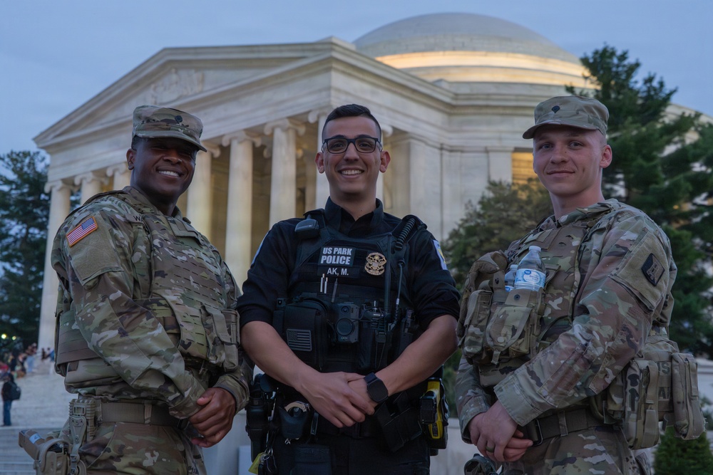 Joint Task Force Magnolia Soldiers patrol at the Jefferson Memorial