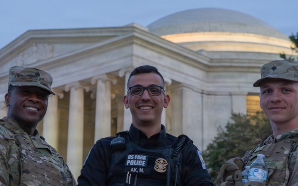 Joint Task Force Magnolia Soldiers patrol at the Jefferson Memorial