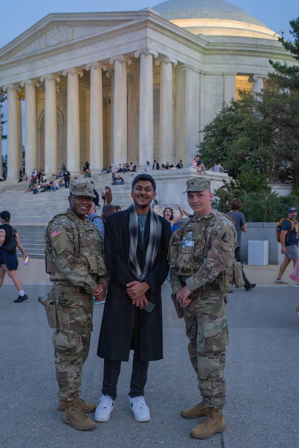 Joint Task Force Magnolia Soldiers patrol at the Jefferson Memorial