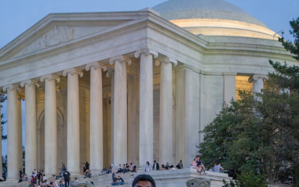 Joint Task Force Magnolia Soldiers patrol at the Jefferson Memorial