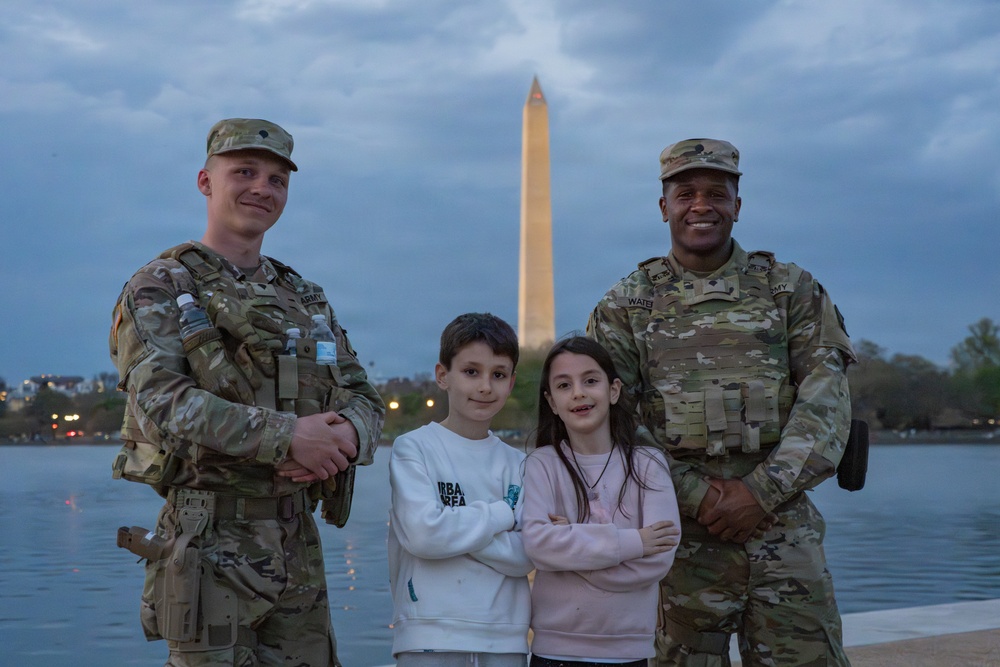 Joint Task Force Magnolia Soldiers patrol at the Jefferson Memorial
