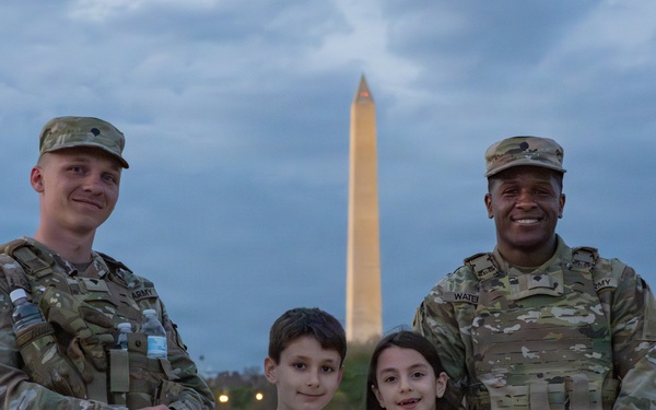 Joint Task Force Magnolia Soldiers patrol at the Jefferson Memorial