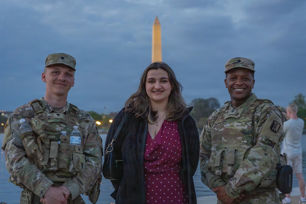 Joint Task Force Magnolia Soldiers patrol at the Jefferson Memorial