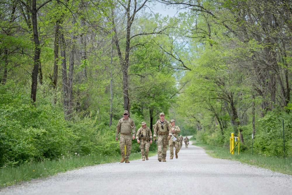 Airmen from the 113th Contingency Response Squadron practice land navigation at Camp Atterbury Joint Maneuver Training Center