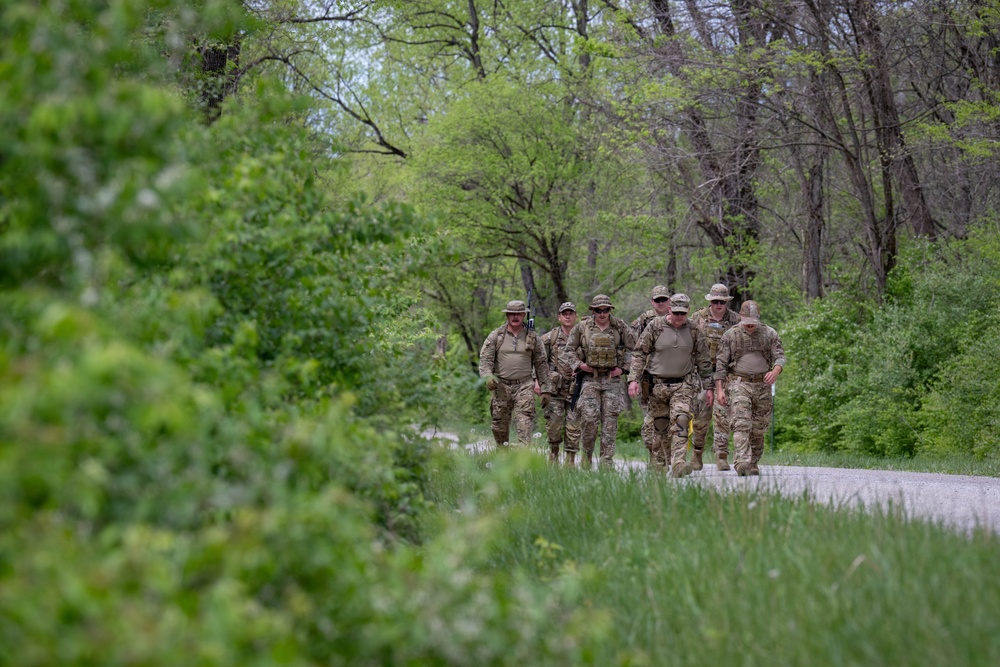 Airmen from the 113th Contingency Response Squadron practice land navigation at Camp Atterbury Joint Maneuver Training Center