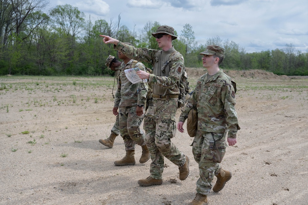 Airmen from the 113th Contingency Response Squadron practice land navigation at Camp Atterbury Joint Maneuver Training Center