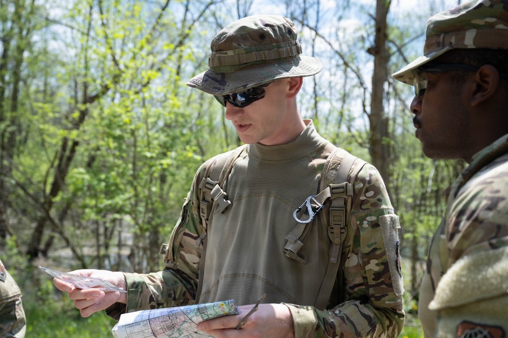 Airmen from the 113th Contingency Response Squadron practice land navigation at Camp Atterbury Joint Maneuver Training Center