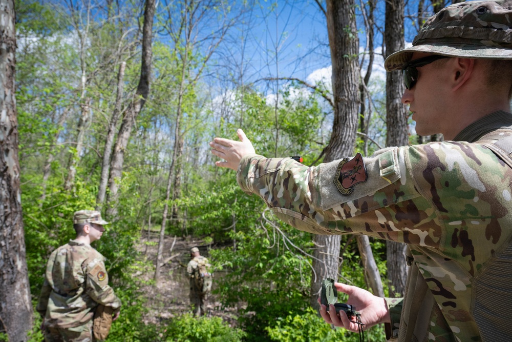 Airmen from the 113th Contingency Response Squadron practice land navigation at Camp Atterbury Joint Maneuver Training Center