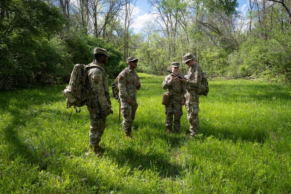 Airmen from the 113th Contingency Response Squadron practice land navigation at Camp Atterbury Joint Maneuver Training Center