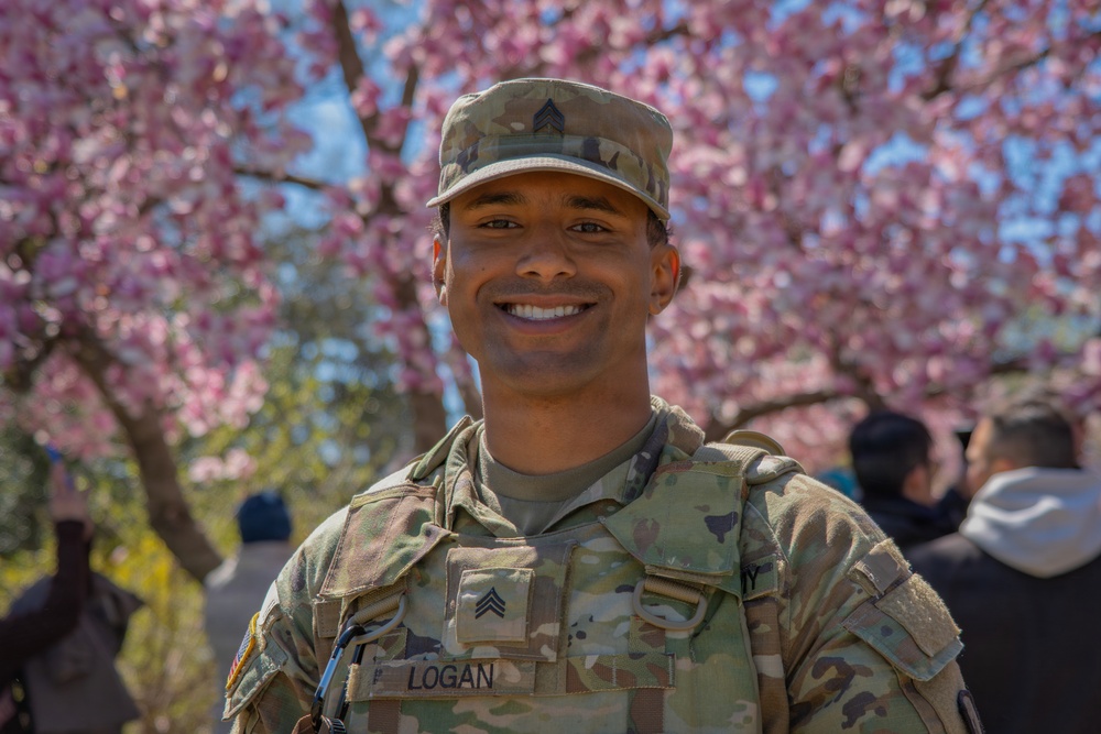 Soldiers from the Mississippi National Guard patrol during the Cherry Blossom Festival